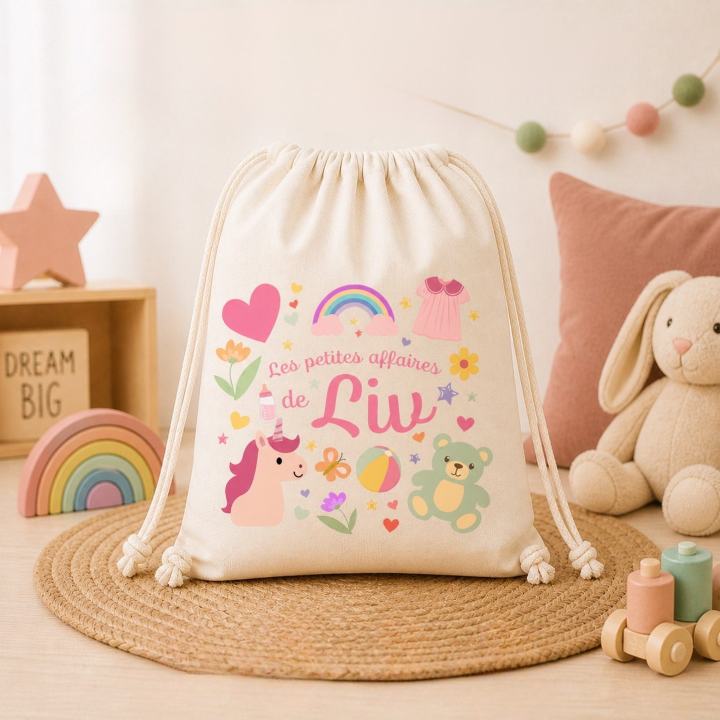 Sac coton bio personnalisé prénom enfant – Pochon naissance / crèche / école / baptême