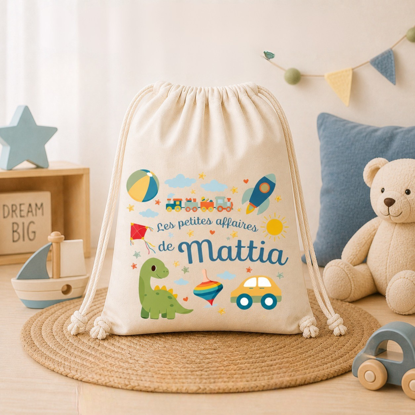 Sac coton bio personnalisé prénom enfant – Pochon naissance / crèche / école / baptême