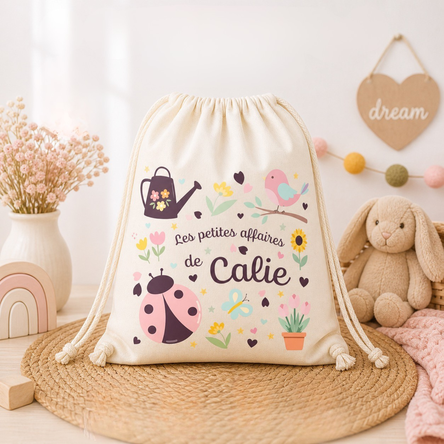 Sac coton bio personnalisé prénom enfant – Pochon naissance / crèche / école / baptême