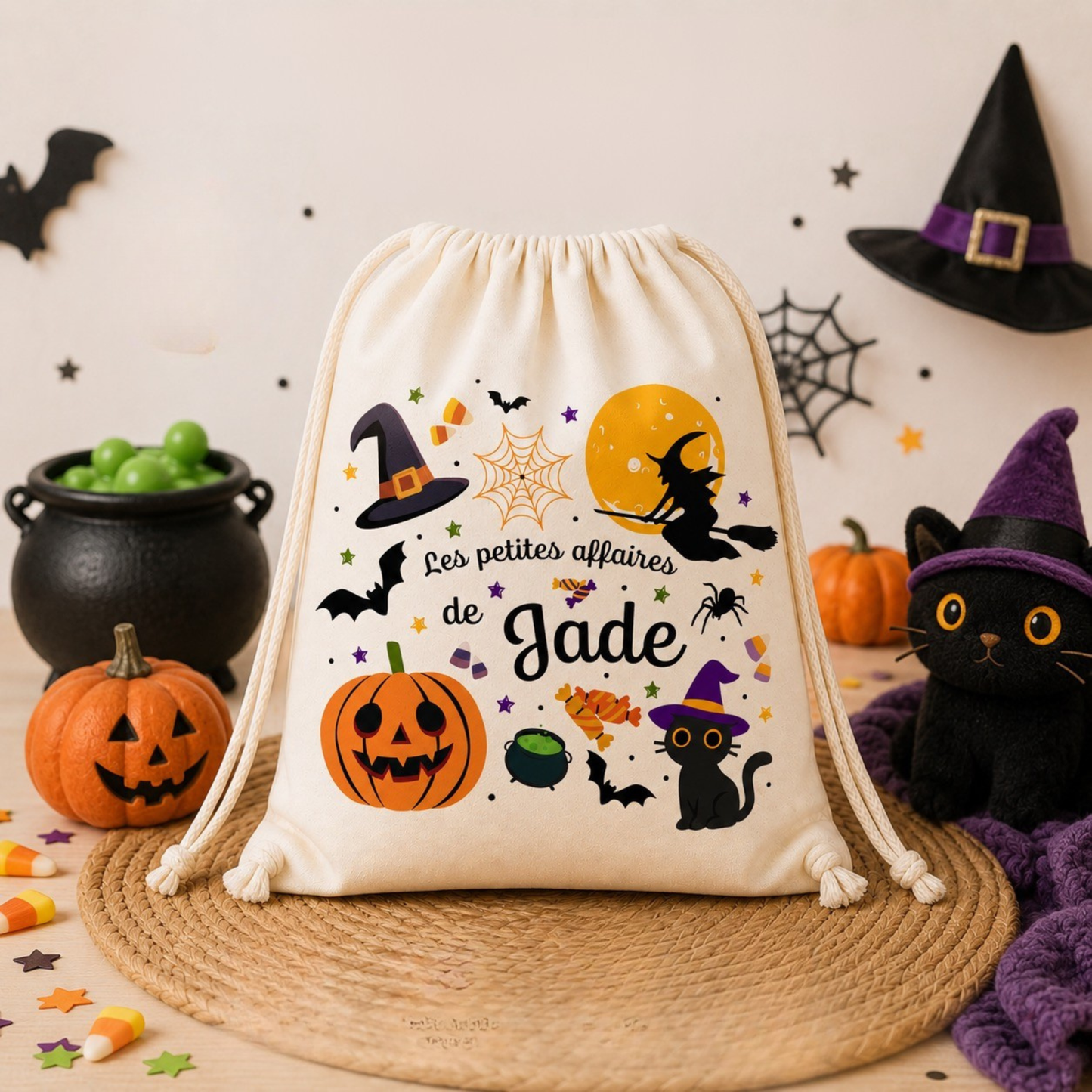 Sac coton bio personnalisé prénom enfant – Pochon naissance / crèche / école / baptême