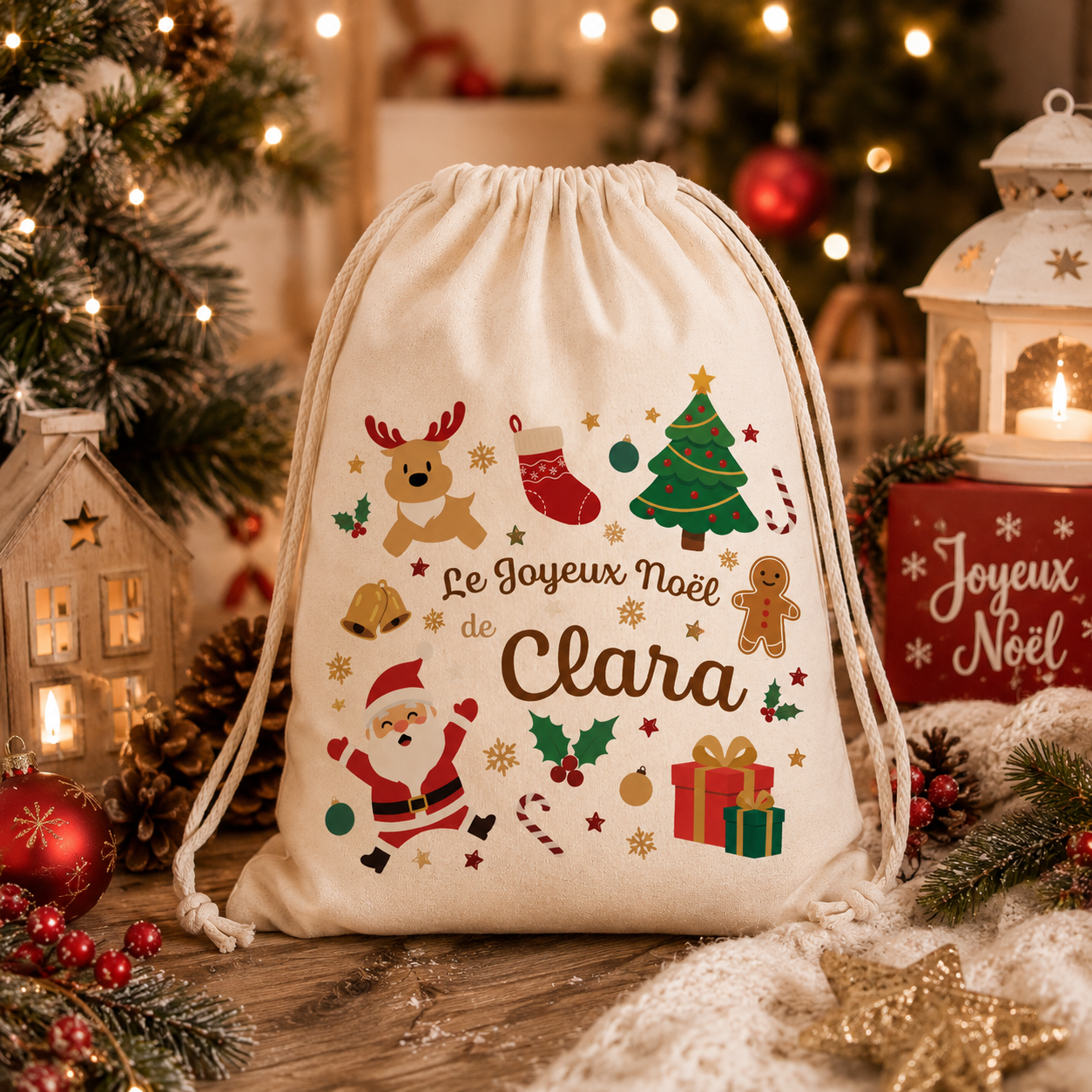 Sac coton bio personnalisé prénom enfant – Pochon noël