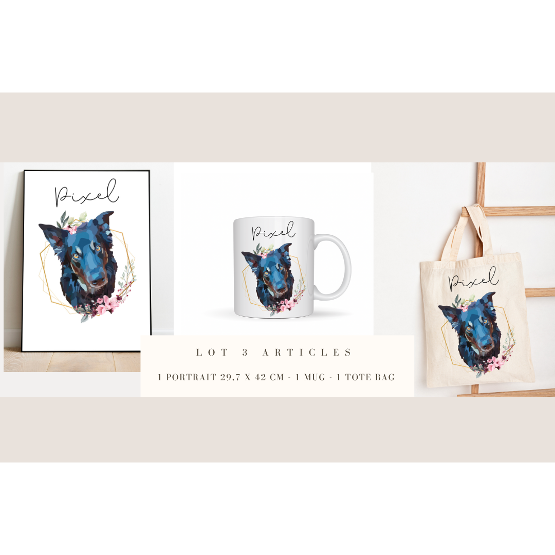 Lot 3 articles Portrait d'animal sur photo, cadeau commémoratif, deuil animalier