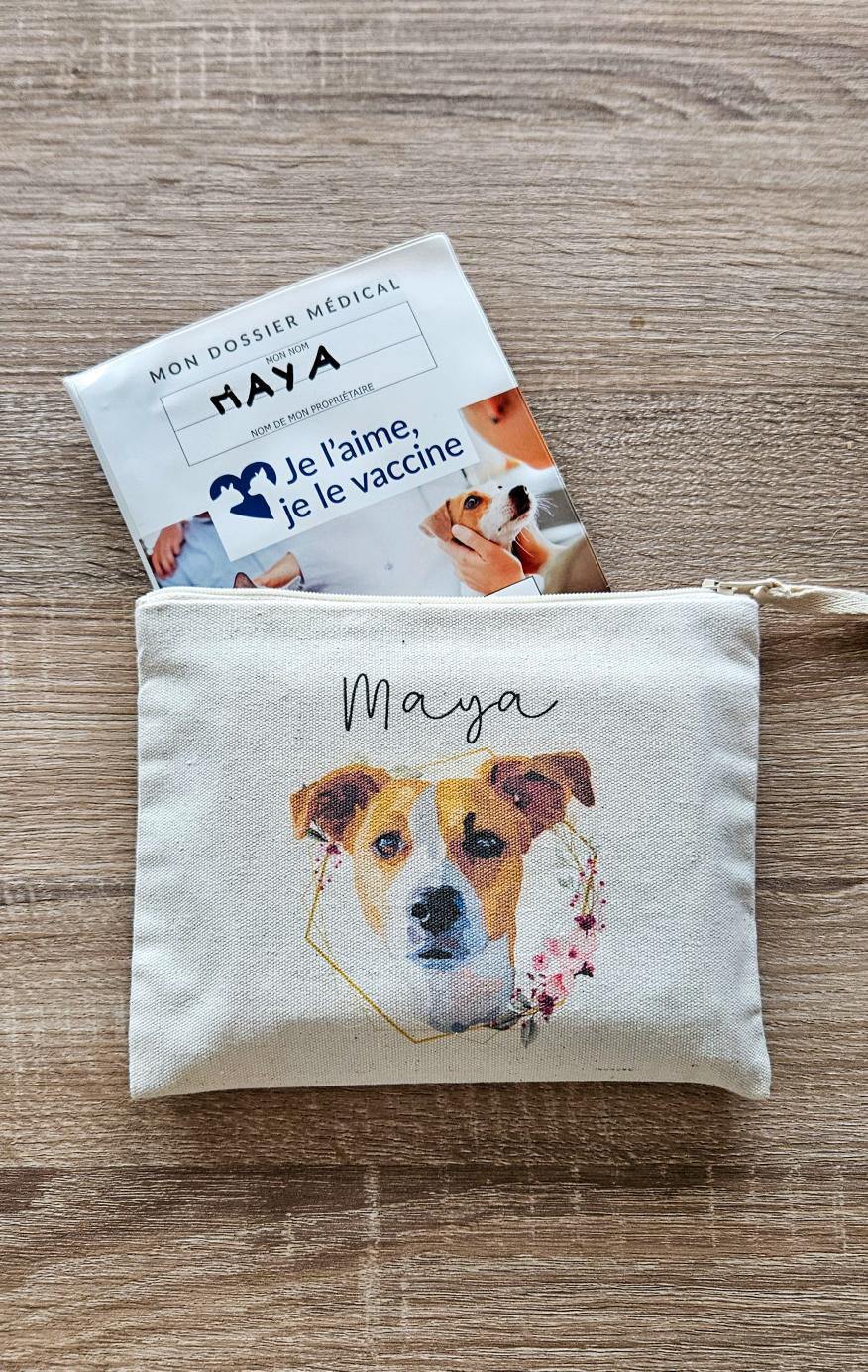 Pochette personnalisée Portrait d'animal sur photo cadeau commémoratif, deuil animalier en coton bio Made in France
