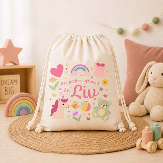 Sac coton bio personnalisé prénom enfant – Pochon naissance / crèche / école / baptême