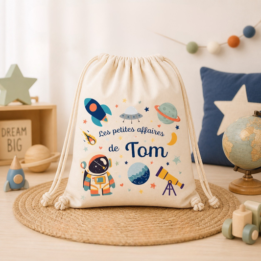 Sac coton bio personnalisé prénom enfant – Pochon naissance / crèche / école / baptême