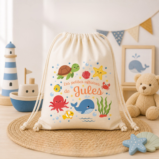 Sac coton bio personnalisé prénom enfant – Pochon naissance / crèche / école / baptême