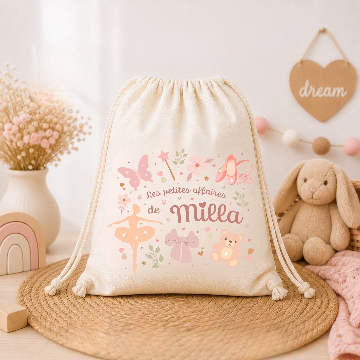 Sac coton bio personnalisé prénom enfant – Pochon naissance / crèche / école / baptême