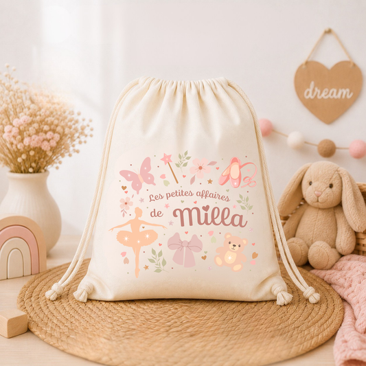 Sac coton bio personnalisé prénom enfant – Pochon naissance / crèche / école / baptême