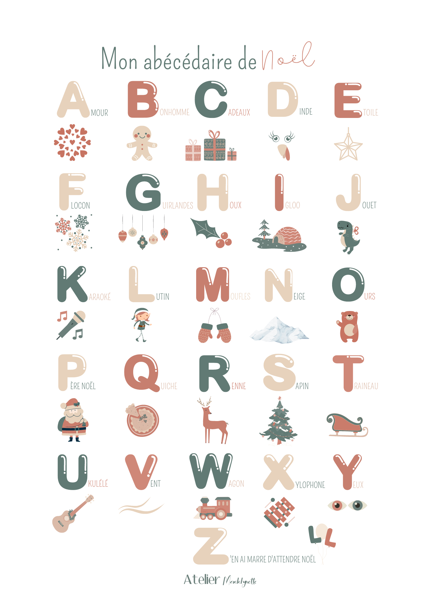 Affiche abécédaire de Noël, affiche enfant alphabet – Atelier Maddynette